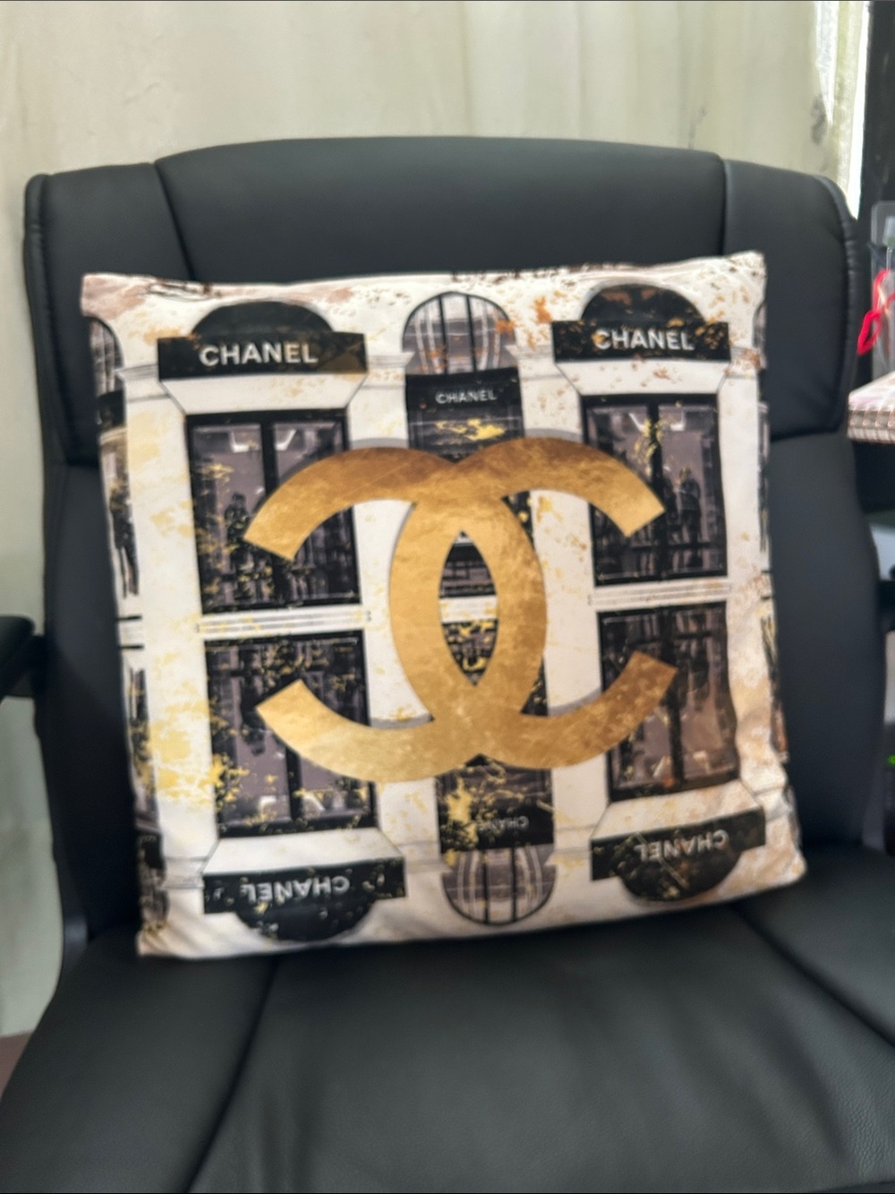 CHANEL Gold Logo Decorative Pillow with Black and Cream Accents
